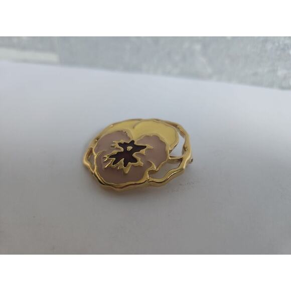 Purple & White Pansy Flower Golden Pin Brooch Enamel- Vintage - Picture 3 of 6